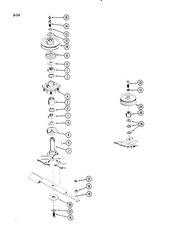 Схема запчастей Case IH 61MB - (9-054) - PULLEYS, BLADES AND SPINDLES, 61MB MOWER (03) - CHASSIS/MOUNTED EQUIPMENT