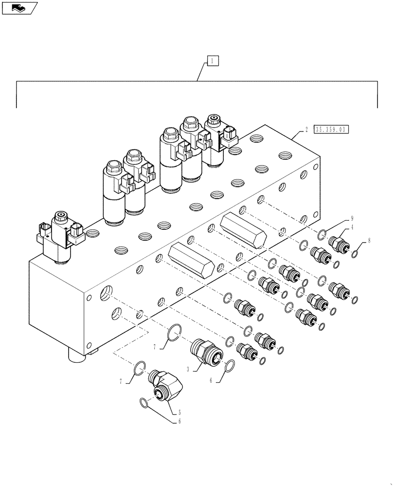 Схема запчастей Case IH 610 - (35.359.02) - BOOM CONTROL VALVE, 5 BANK, WITH FITTINGS, 70 BOOM (35) - HYDRAULIC SYSTEMS