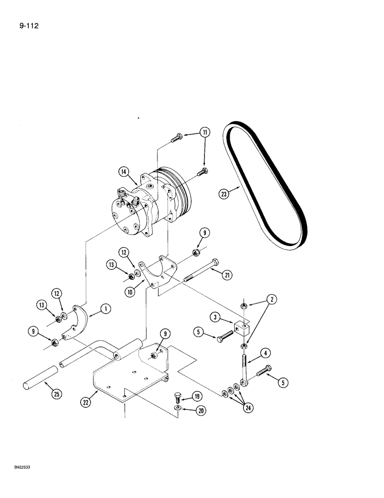 Схема запчастей Case IH 9230 - (9-112) - COMPRESSOR MOUNTING AND DRIVE, AIR CONDITIONER, PRIOR TO P.I.N. JCB0028402 (09) - CHASSIS/ATTACHMENTS