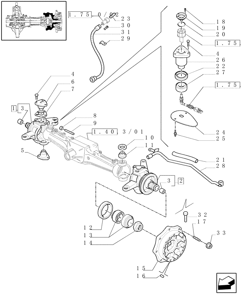 Схема запчастей Case IH MAXXUM 120 - (1.40. 3/02[01]) - (CL.3) FRONT AXLE W/MULTI-PLATE DIFF. LOCK & STRG SENSOR - STEERING AXLES AND HUBS - C6449 (VAR.33040 (04) - FRONT AXLE & STEERING