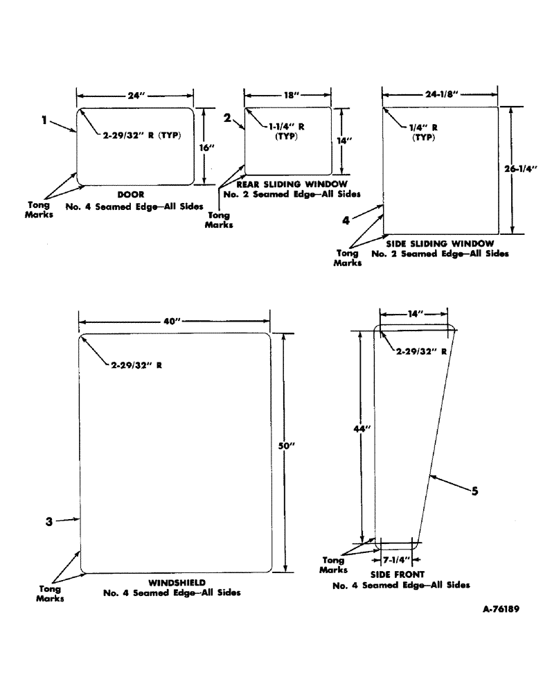 Схема запчастей Case IH 503 - (259) - CAB WINDOW GLASS DIMENSIONS, FOR 45 IN. WIDE CAB (90) - PLATFORM, CAB, BODYWORK AND DECALS