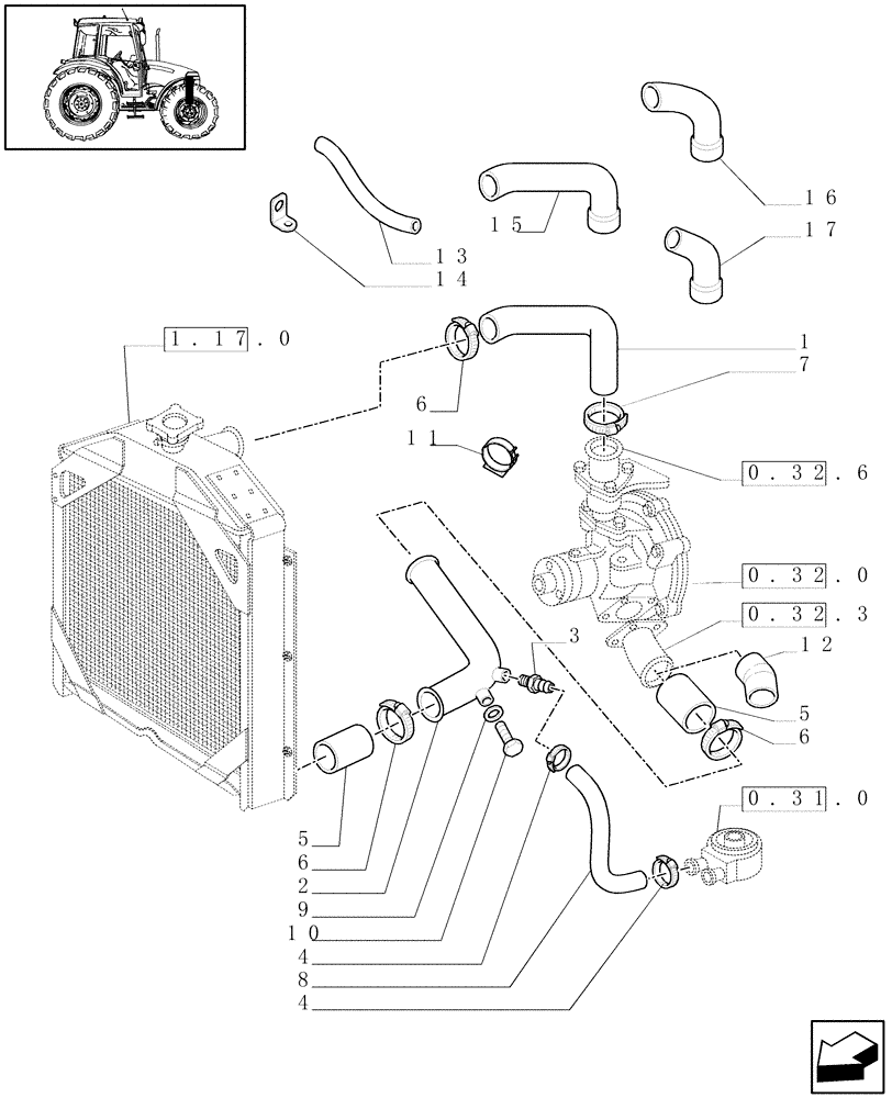 Схема запчастей Case IH JX90 - (1.17.1) - RADIATOR HOSES (02) - ENGINE EQUIPMENT