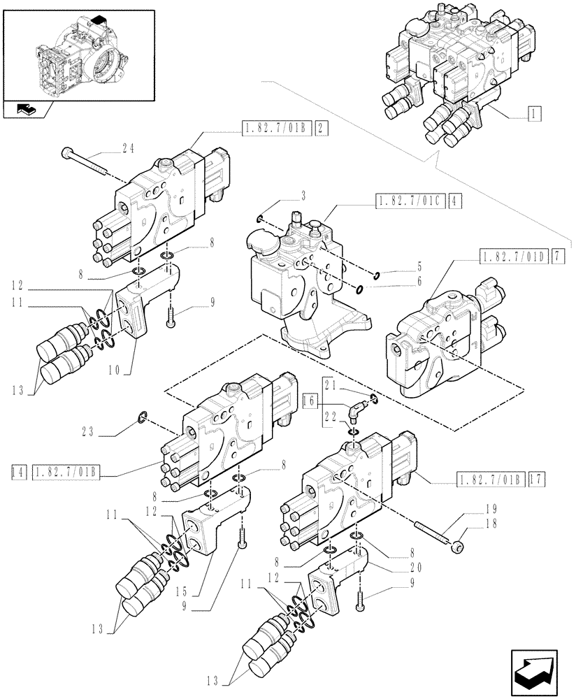 Схема запчастей Case IH PUMA 195 - (1.82.7/01A) - REAR ELECTRONIC REMOTE CONTROL VALVES WITH 3 ELEMENTS - BREAKDOWN (07) - HYDRAULIC SYSTEM