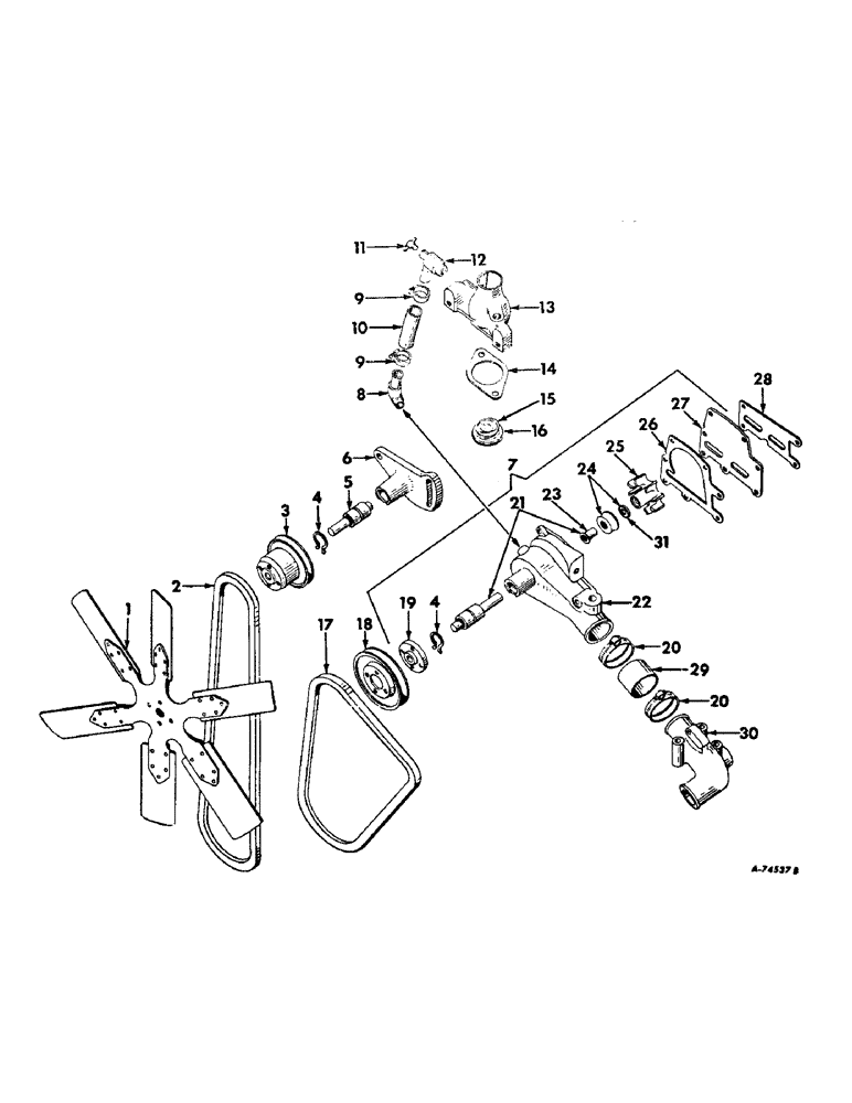 Схема запчастей Case IH 706 - (D-13) - DIESEL ENGINE, FAN, THERMOSTAT AND WATER PUMP, D-282 DIESEL ENGINE TRACTORS (01) - ENGINE