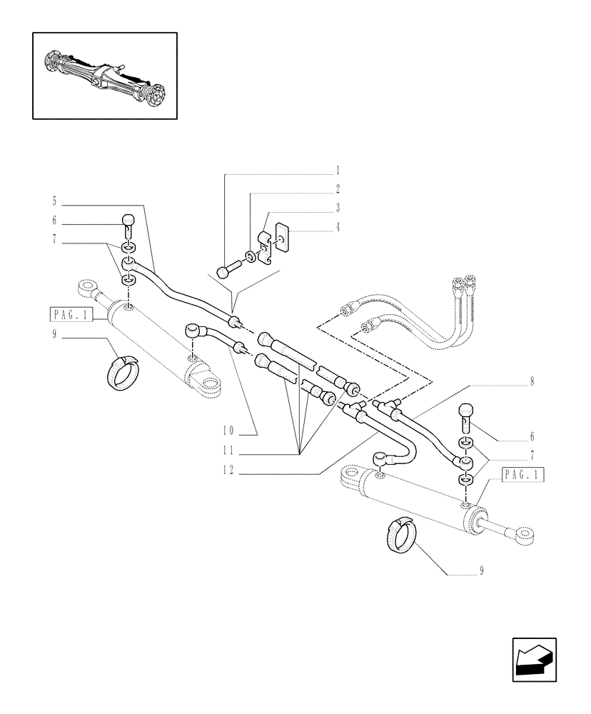 Схема запчастей Case IH MXU100 - (1.40.0/12[02]) - 4WD FRONT AXLE - HYDRAULIC STEERING CYLINDER - PIPES (04) - FRONT AXLE & STEERING