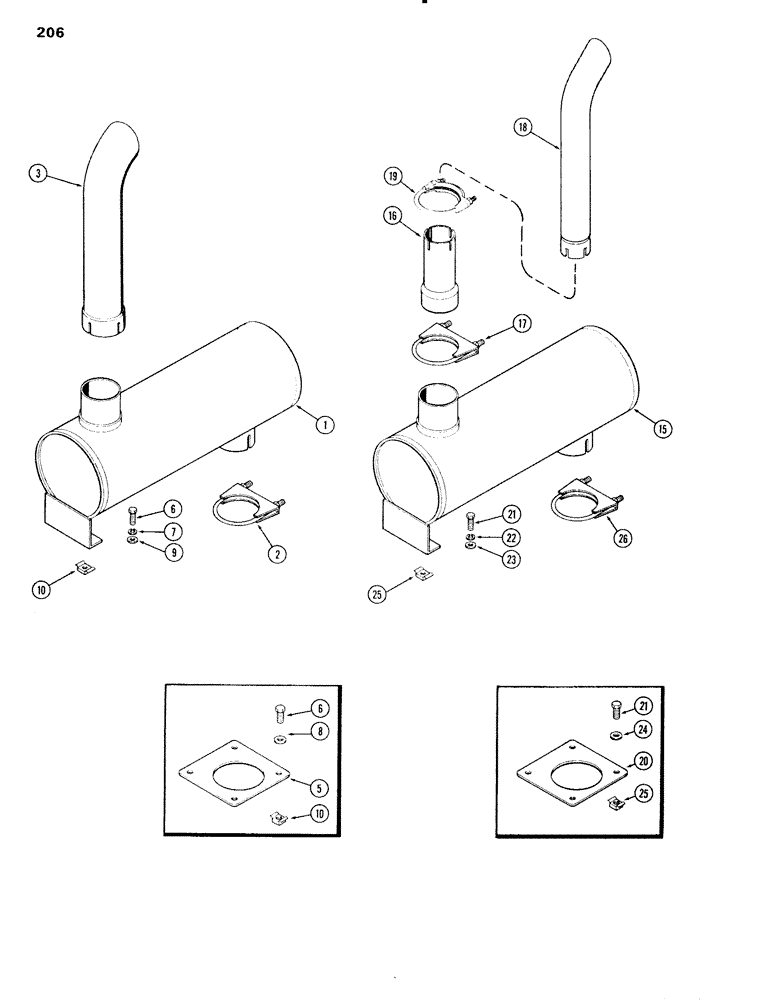Схема запчастей Case IH 504BD - (206) - EXHAUST SYSTEM, ENCLOSED UNIT ONLY, MUFFLER, HORIZONTAL, WITH 90° ELBOW W/3-1/2 INCH INLET, H (02) - ENGINE