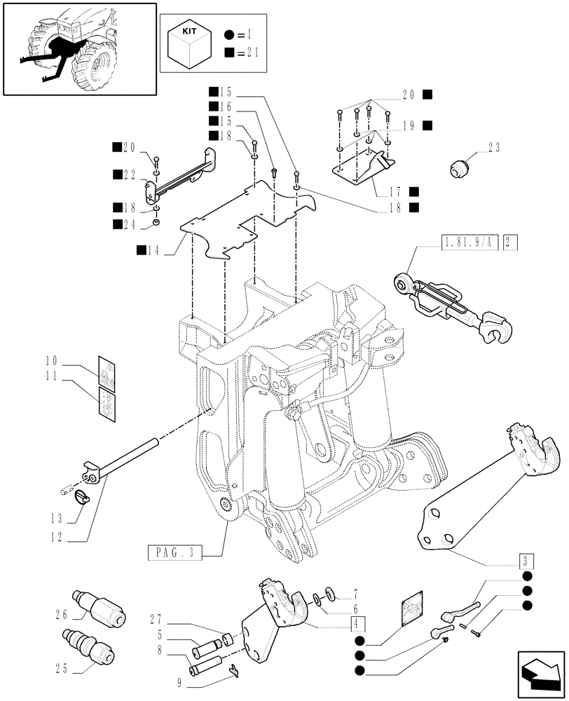 Схема запчастей Case IH PUMA 210 - (1.81.9/03[06]) - (VAR.091) FRONT HPL FOR MID MOUNT REMOTES WITH PTO, WITH AUX. COUPLERS - LINK AND ARMS - D5721 (07) - HYDRAULIC SYSTEM
