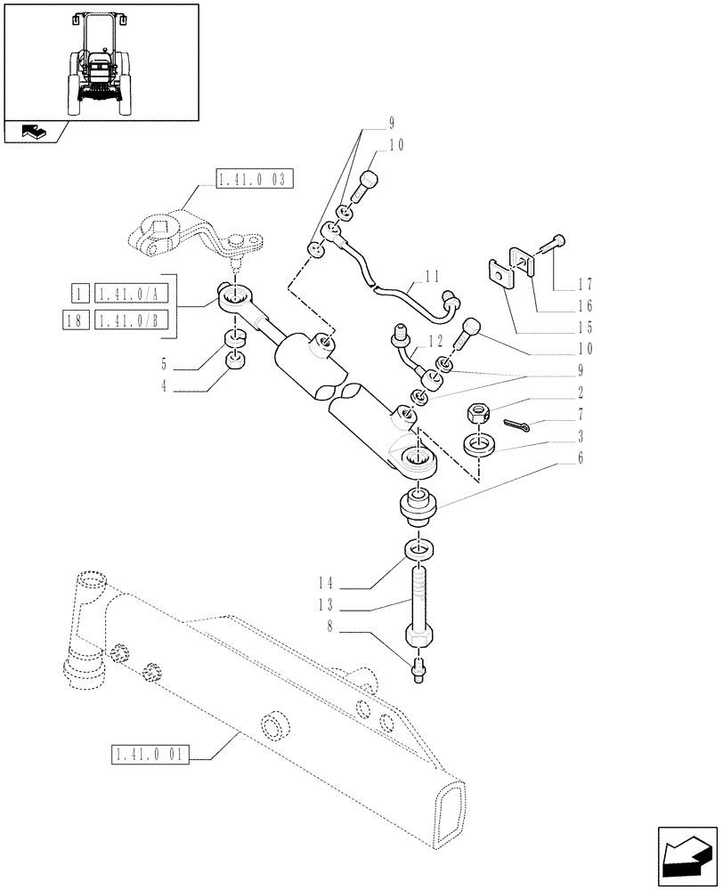 Схема запчастей Case IH FARMALL 95N - (1.41.0[04]) - 2WD FRONT AXLE - HYDRAULIC STEERING CYLINDER (VAR.331581-332581 / 743515) (04) - FRONT AXLE & STEERING