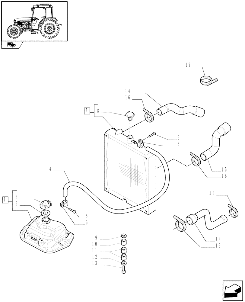 Схема запчастей Case IH FARMALL 65C - (1.17.0[01]) - RADIATOR AND COOLING TANK (02) - ENGINE EQUIPMENT