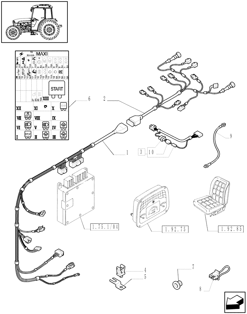 Схема запчастей Case IH JX1085C - (1.92.75/07[02]) - (VAR.275-275/1) 32X16 (30KM/H) TRANSM. W/HI-LO & P. SHUTTLE, W/OIL COOLER - ELECTRIC CABLES - W/CAB - C5366 (10) - OPERATORS PLATFORM/CAB