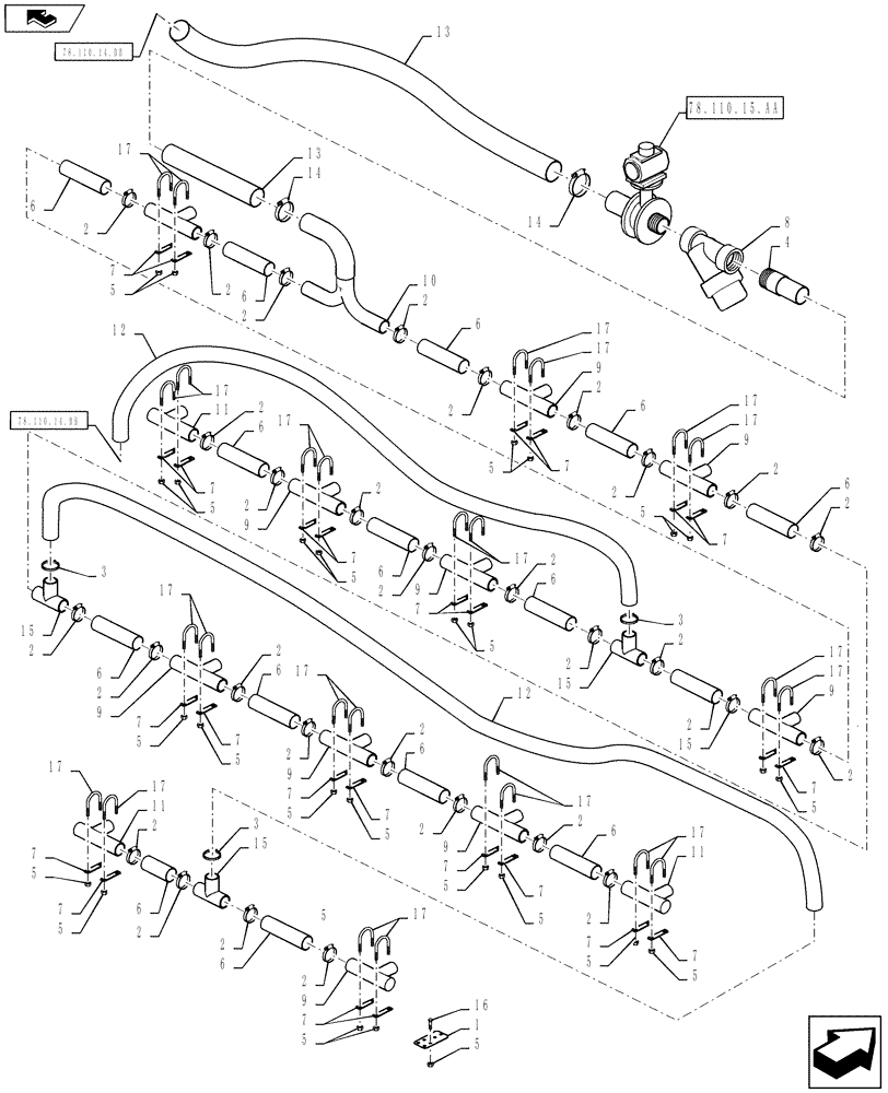 Схема запчастей Case IH 610 - (78.110.14.BC) - BOOM PLUMBING, 70 BOOM, 30" SPACING, RH BOOM (78) - SPRAYING
