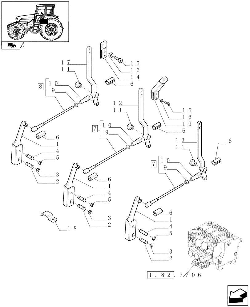 Схема запчастей Case IH FARMALL 95U - (1.96.2/06[02]) - THREE CONTROL VALVES (BOSCH) - LEVERS AND KNOBS - L/CAB (VAR.330358) (10) - OPERATORS PLATFORM/CAB