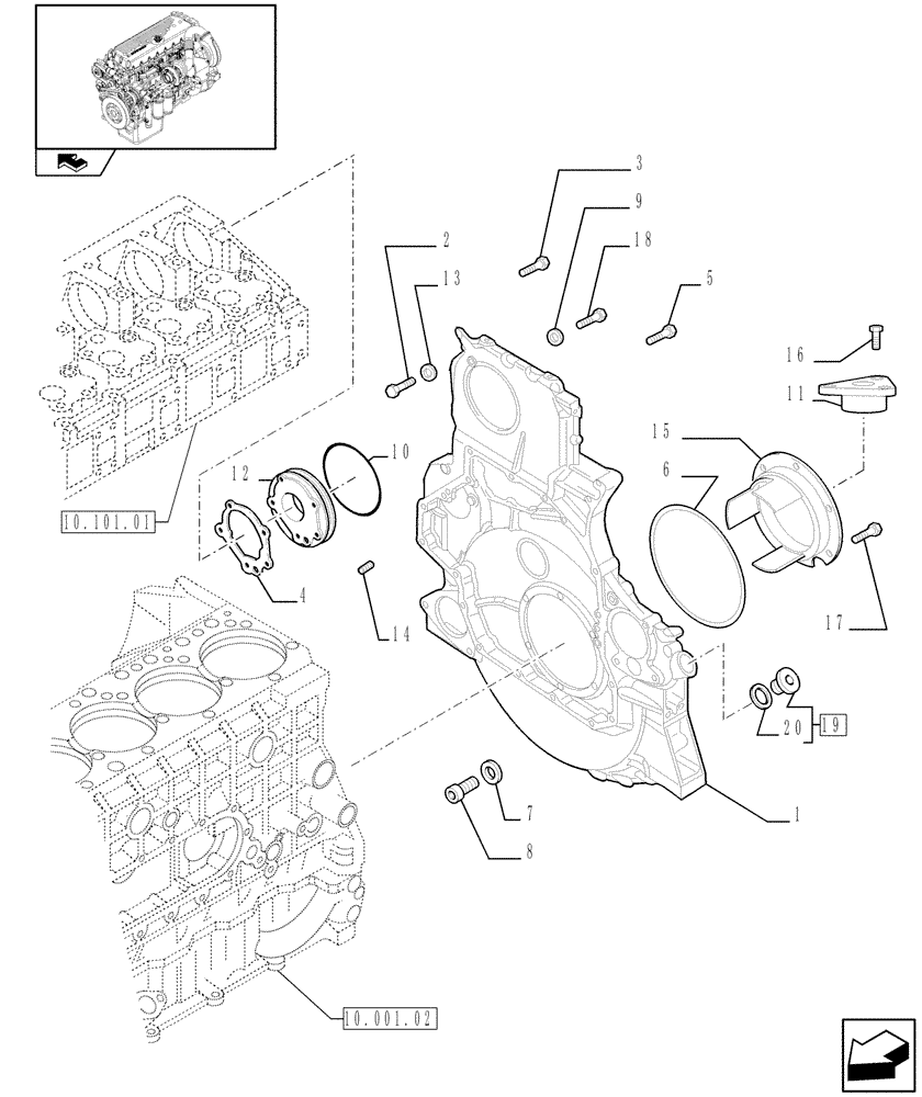 Схема запчастей Case IH F3CE0684F E001 - (10.102.02[01]) - FLYWHEEL CASE (504246687 - 504301343) (01) - ENGINE