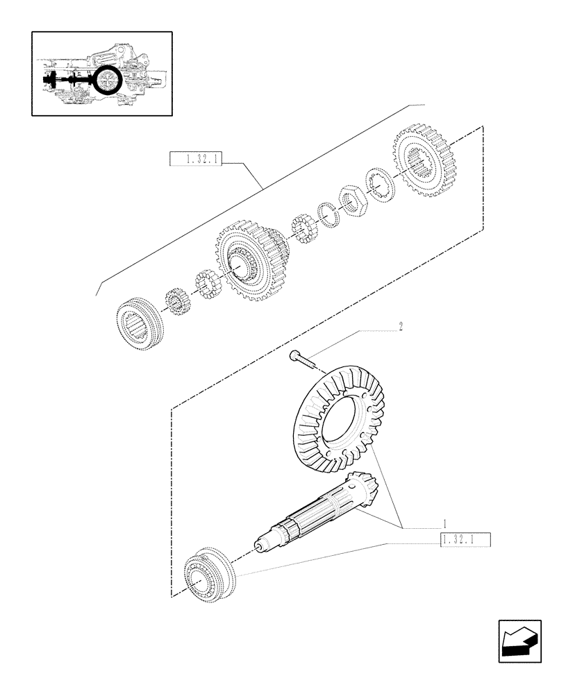 Схема запчастей Case IH JX1070C - (1.32.1/06) - (VAR.323-323/1) STANDARD FRONT AXLE W/ ELECTROHYDR. DIFF. LOCK (40 KM/H) - BEVEL GEAR PAIR (03) - TRANSMISSION