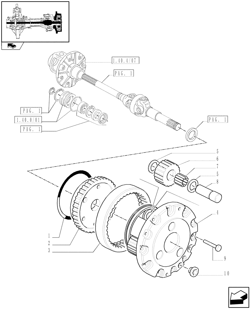 Схема запчастей Case IH FARMALL 75C - (1.40.4/10[02]) - FRONT AXLE WITH ELECTROHYDR. DIFF. LOCK (30 KM/H) - EPICYCLIC REDUCTION GEAR (VAR.335323) (04) - FRONT AXLE & STEERING