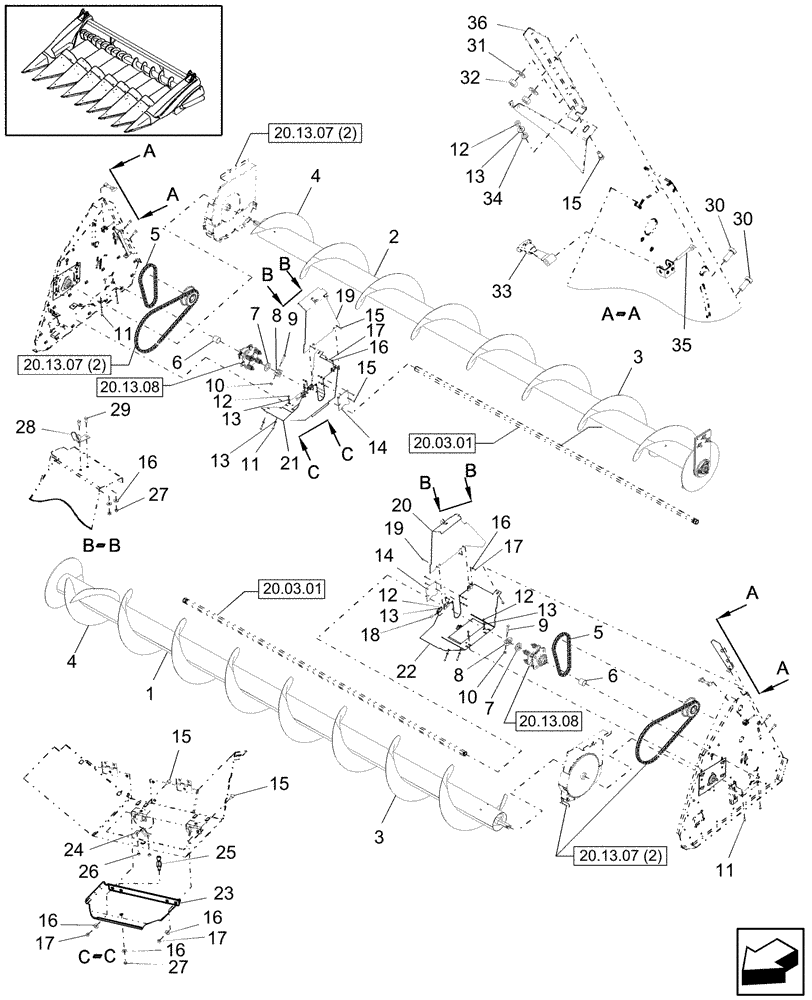 Схема запчастей Case IH 2412-30 - (20.13.07[3]) - AUGER DRIVE, DOUBLE, DRIVING SIDE, PIN CBJ030601 AND AFTER (58) - ATTACHMENTS/HEADERS