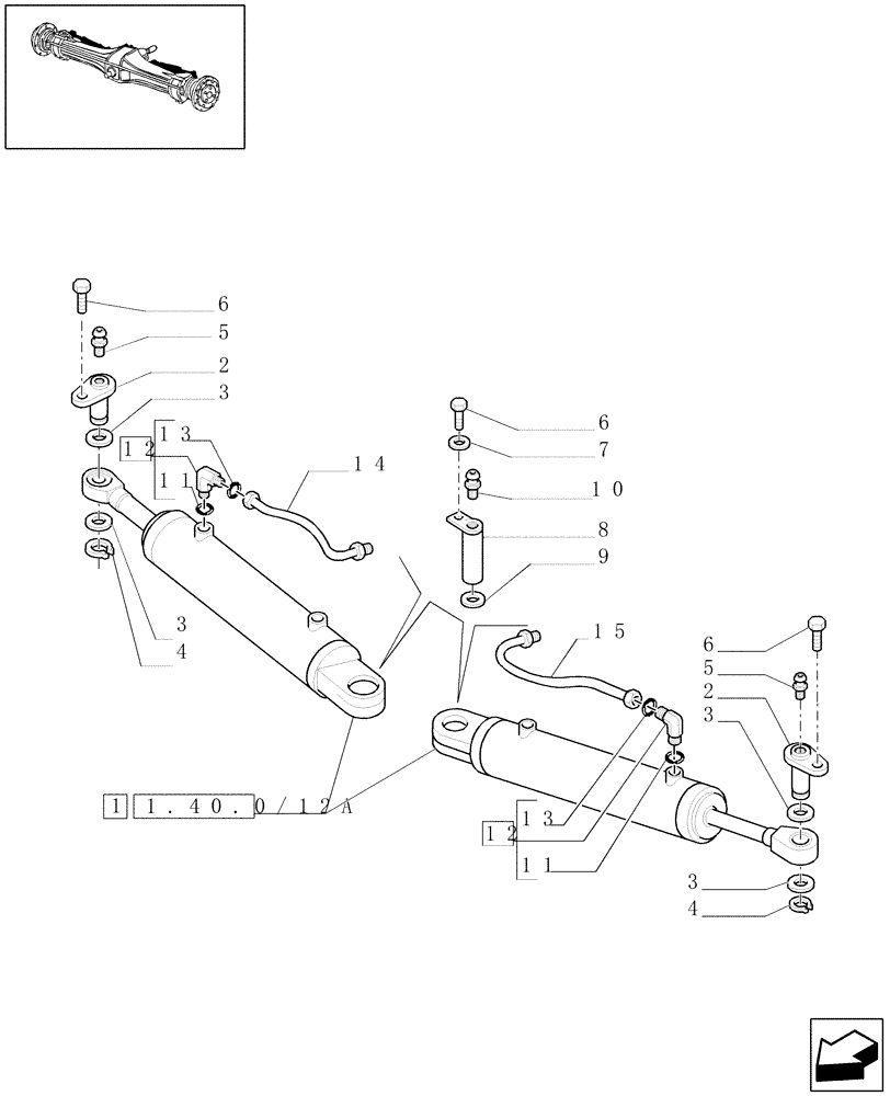 Схема запчастей Case IH PUMA 195 - (1.40.0/12) - 4WD FRONT AXLE - HYDRAULIC STEERING CYLINDER (04) - FRONT AXLE & STEERING
