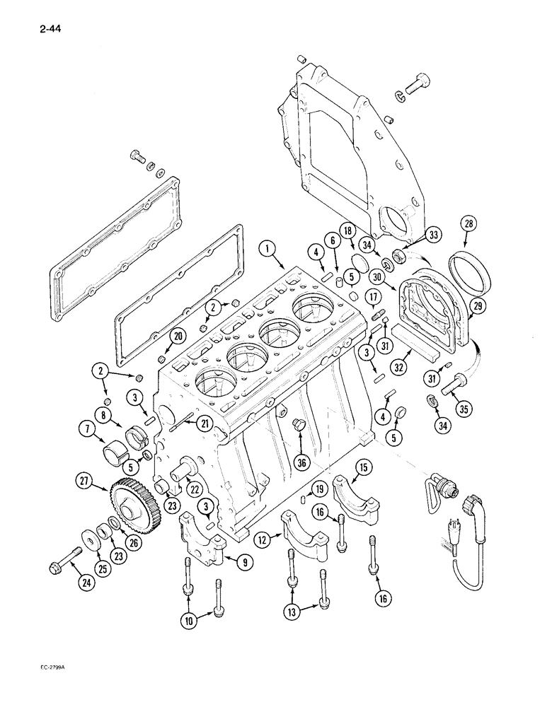 Схема запчастей Case IH 895 - (2-44) - CYLINDER BLOCK, SIDE COVER AND FLYWHEEL HOUSING (02) - ENGINE