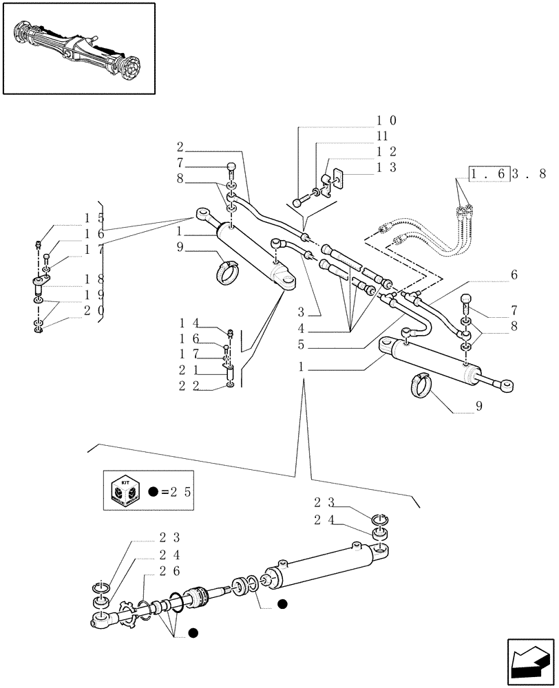 Схема запчастей Case IH JX80U - (1.40.0/125) - (VAR.415) FRONT AXLE CL. 2/BRAKE, FRONT MUDGARD HYDR. DIFF. LOCK. HYDR.TRANSM. - POWER STEER. CYLIN. (04) - FRONT AXLE & STEERING