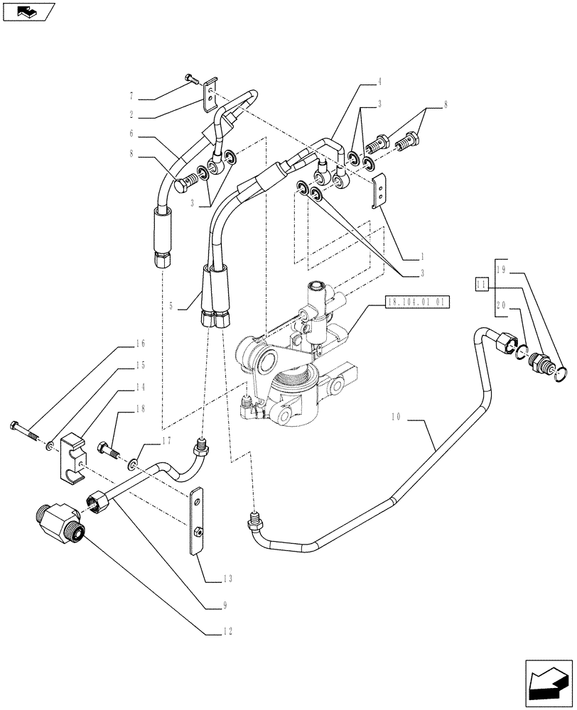 Схема запчастей Case IH FARMALL 75C - (18.104.01[02]) - PTO ENGAGEMENT CLUTCH, SERVOCONTROL - PIPES - W/CAB (18) - CLUTCH