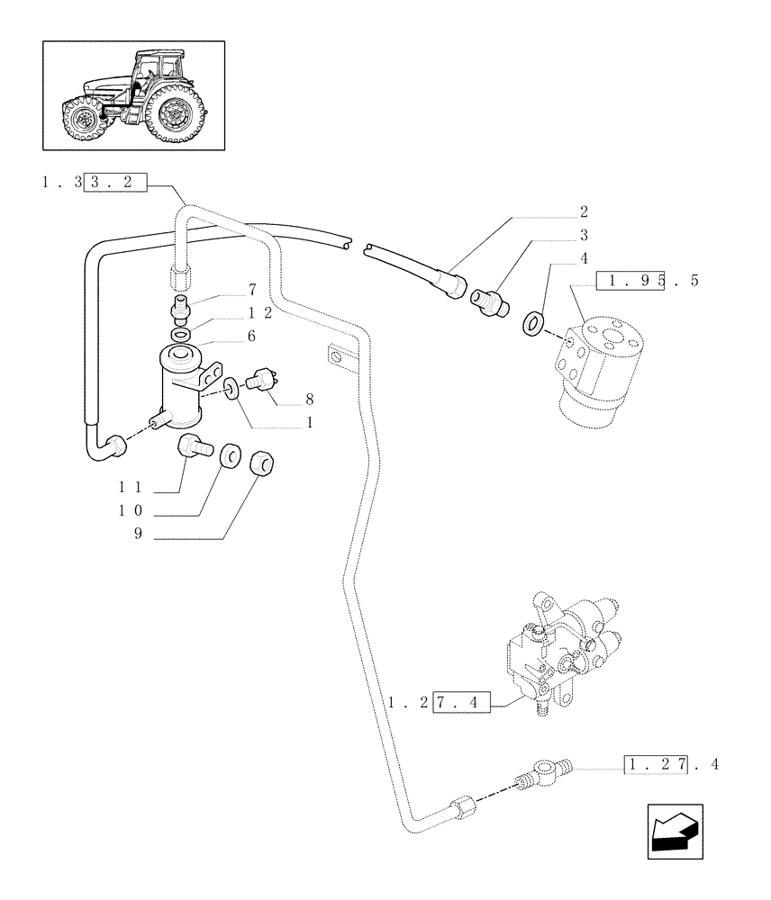 Схема запчастей Case IH JX70U - (1.42.0/05[01]) - (VAR.296) (HI-LO) AND SYNCHR. REV. GEAR - 30 KM/H WITH DIFF. HYDR.LOCKING - POWER STEERING TANK (04) - FRONT AXLE & STEERING