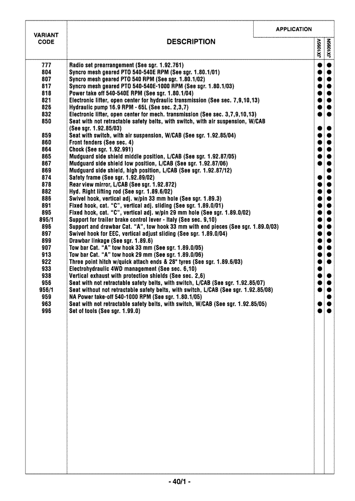 Схема запчастей Case IH JX1095N - (0.0040/01) - VARIATION (00) - GENERAL