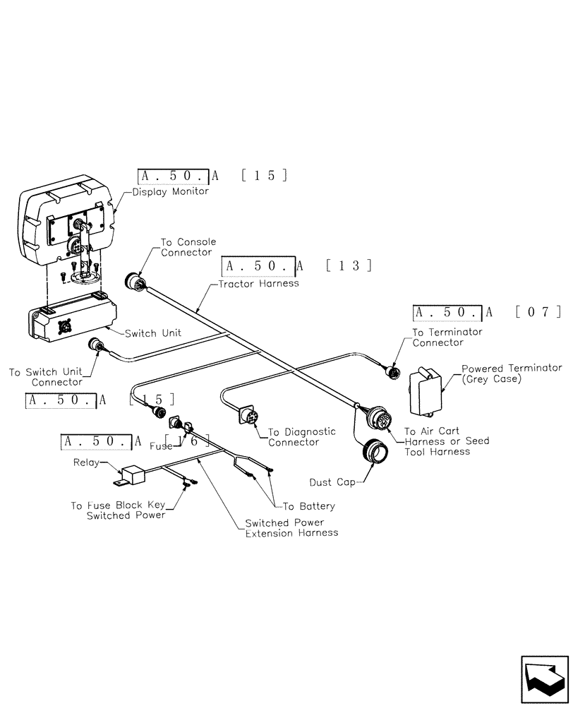 Схема запчастей Case IH ADX3360 - (A.50[02]) - LAYOUT - DISPLAY MONITOR, SWITCH UNIT AND TRACTOR HARNESS A - Distribution Systems