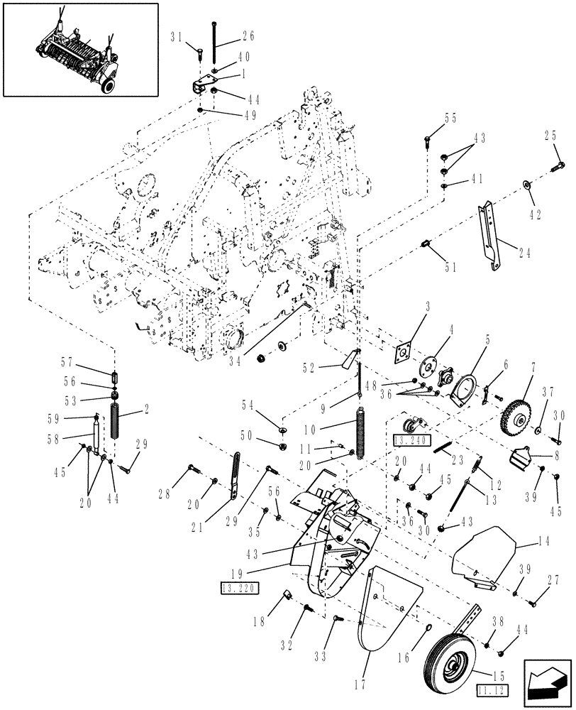 Схема запчастей Case IH RBX453 - (13.210) - 1.5M WIDE PICKUP, FLOATATION SPRING & DRIVE (13) - FEEDER