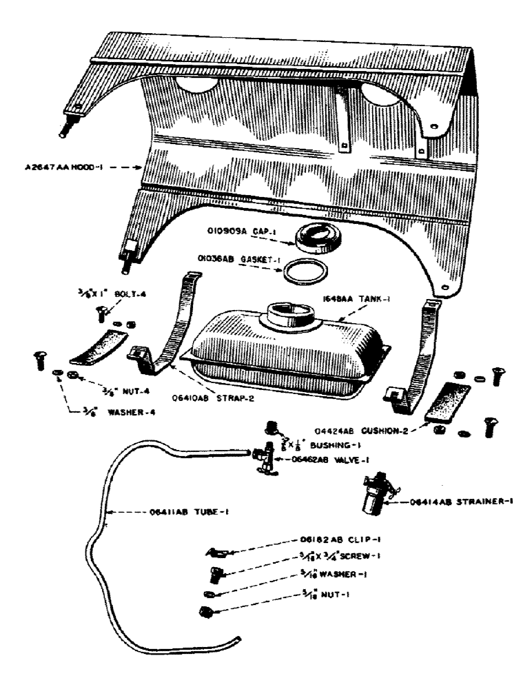 Схема запчастей Case IH S-SERIES - (052) - SMALL GASOLINE TANK AND ENGINE HOOD FOR LOW COST FUEL, S, SC, SO (03) - FUEL SYSTEM