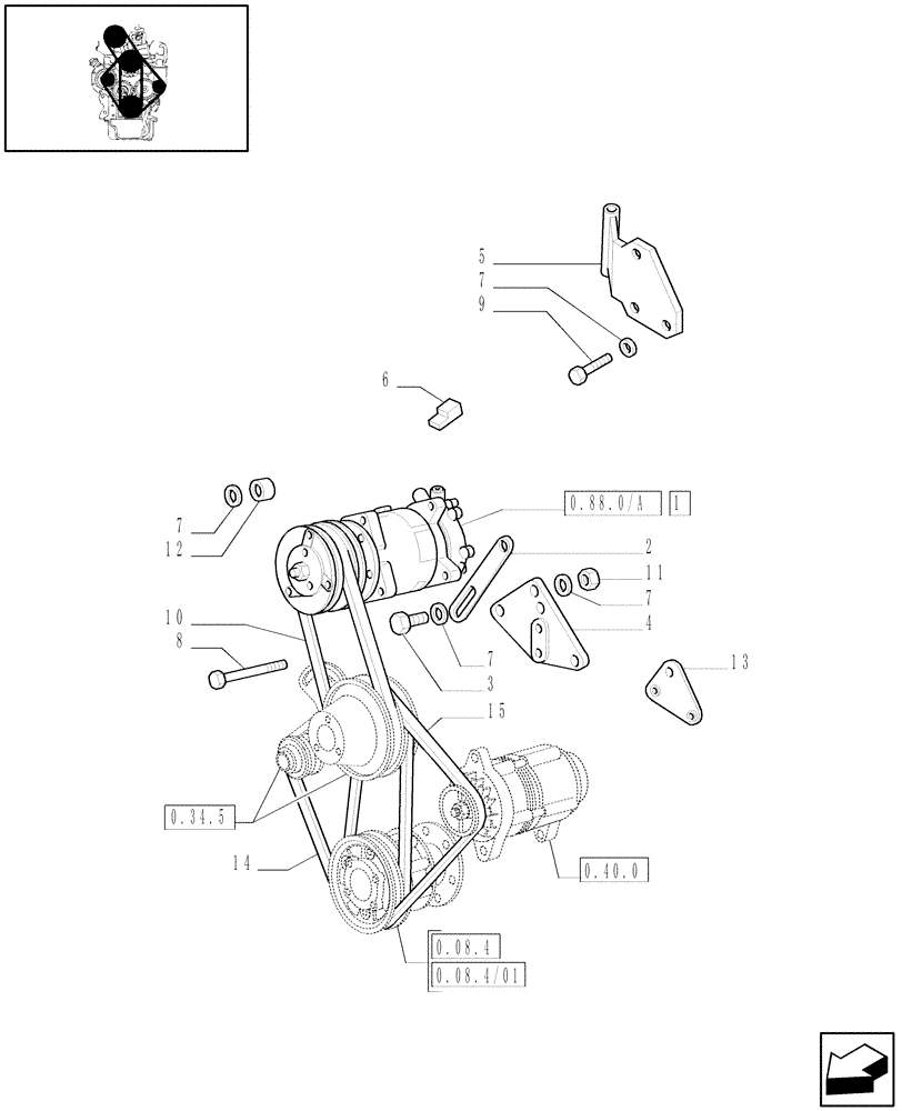 Схема запчастей Case IH JX60 - (0.88.0[02]) - (VAR.641-958) AIR CONDITIONING UNIT - BELTS & PULLEYS - C6847 (01) - ENGINE