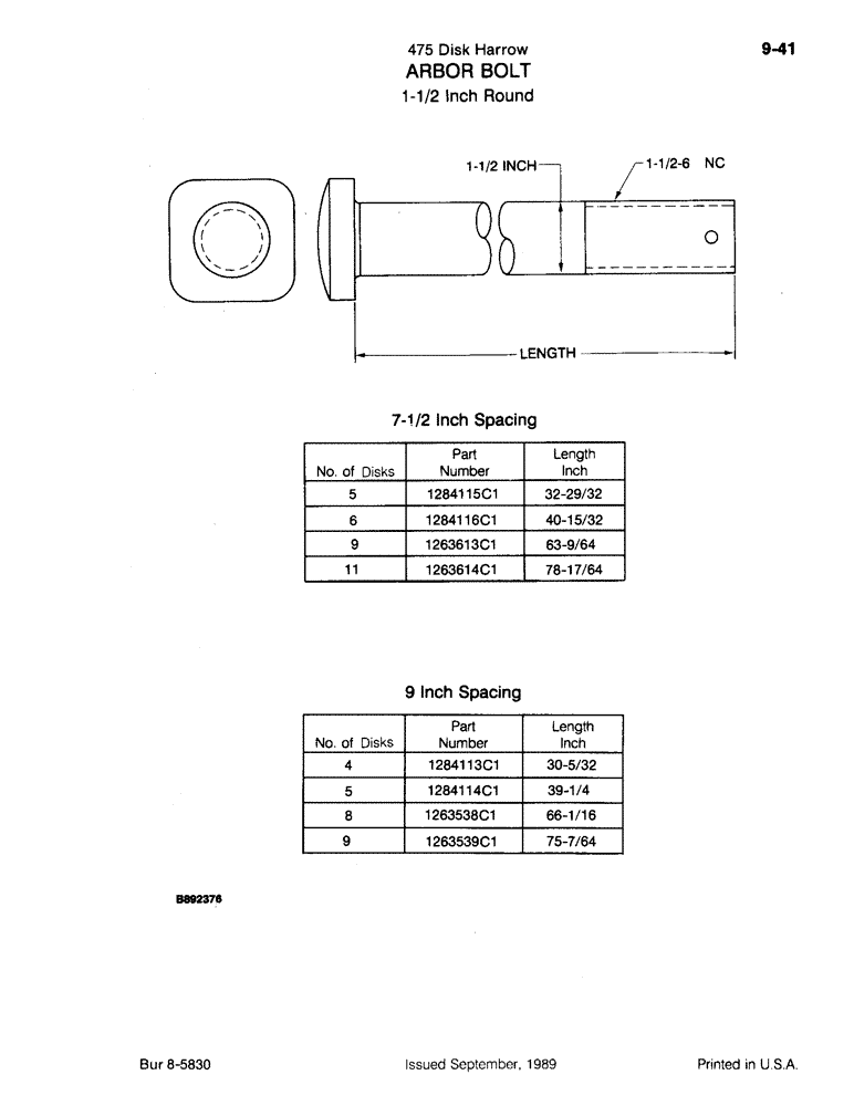 Схема запчастей Case IH 475 - (9-41) - ARBOR BOLT, 1-1/2 INCH ROUND (09) - CHASSIS/ATTACHMENTS