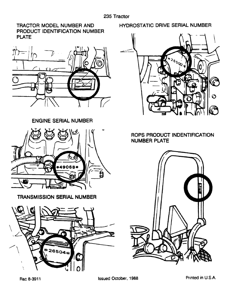 Схема запчастей Case IH 235 - (1-04) - TRACTOR MODEL NUMBER AND PRODUCT IDENTIFICATION NUMBER PLATE, HYDROSTATIC DRIVE SERIAL NUMBER, AND (00) - PICTORIAL INDEX