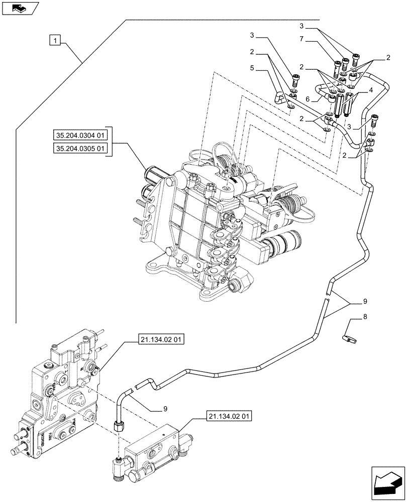 Схема запчастей Case IH FARMALL 65C - (88.035.05[04]) - DIA KIT - 1 DIVERTER FOR 3 REMOTES - PIPES - ISO (88) - ACCESSORIES