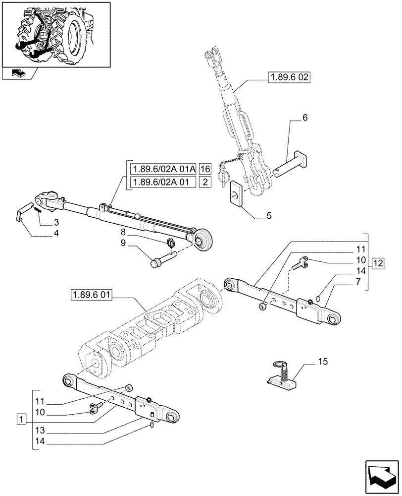 Схема запчастей Case IH MAXXUM 115 - (1.89.6/02) - CAT.2 FLEXIBLE LINKS FOR EDC - LIFT ARMS AND TOP LINK (VAR.331970) (09) - IMPLEMENT LIFT