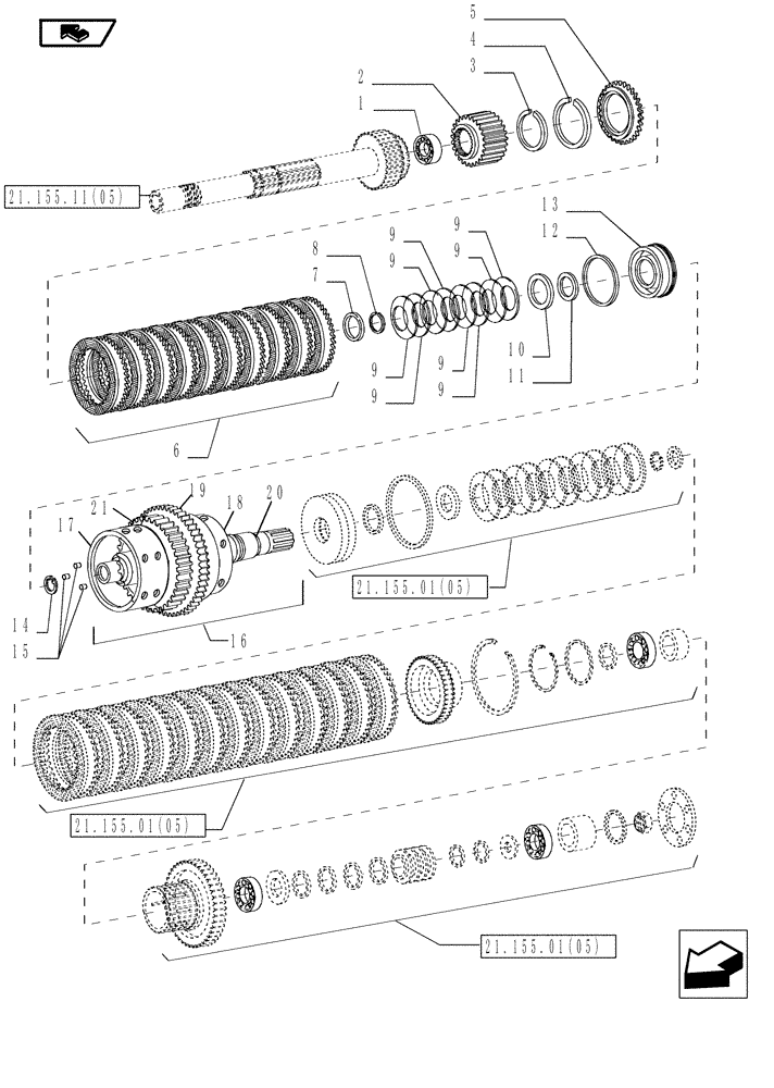 Схема запчастей Case IH MAGNUM 190 - (21.155.01[04]) - CENTRAL REDUCTION GEARS, FAST/SLOW RANGE CLUTCH, WITH POWERSHIFT TRANSMISSION (21) - TRANSMISSION