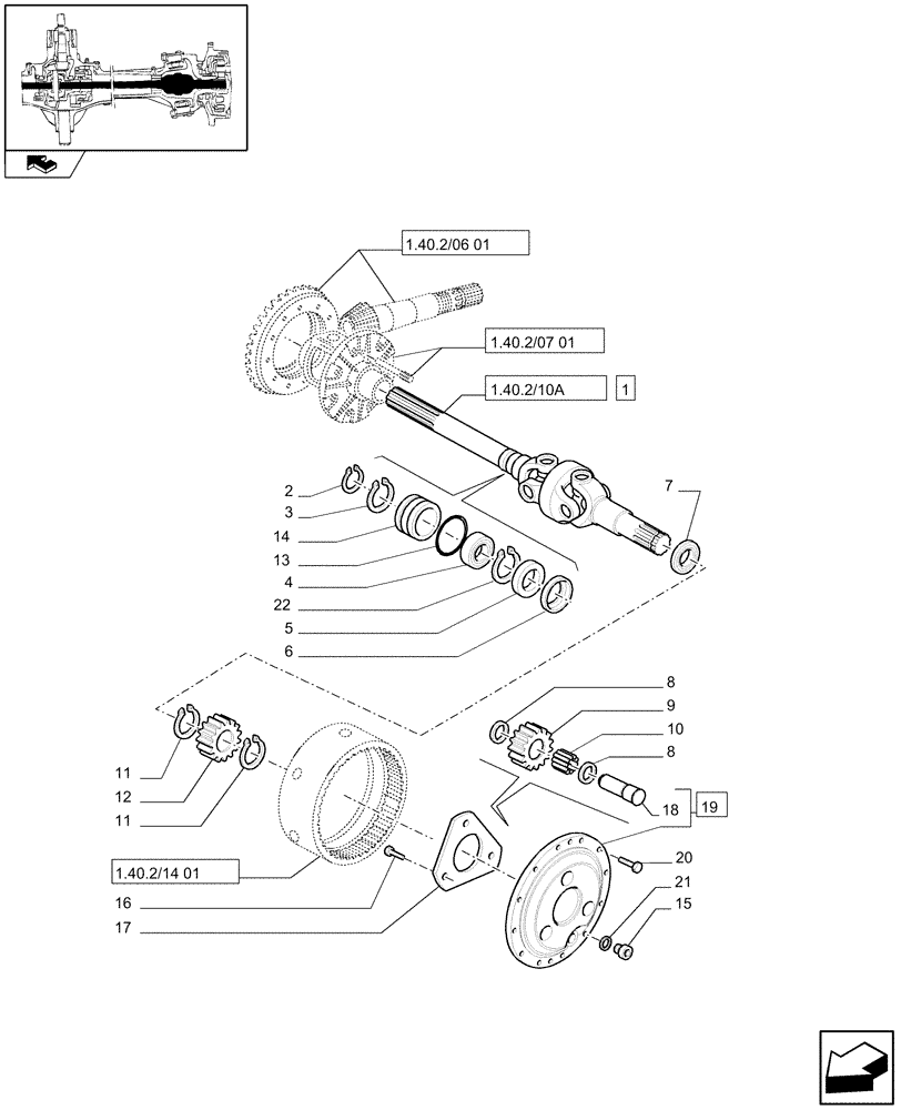 Схема запчастей Case IH MAXXUM 140 - (1.40.2/10) - (CL.3) SUSPENDED FRONT AXLE WITH HYDR. DIF. LOCK, STEERING SENSOR AND BRAKES - GEARS AND DIF. AXLE (VAR.330427) (04) - FRONT AXLE & STEERING
