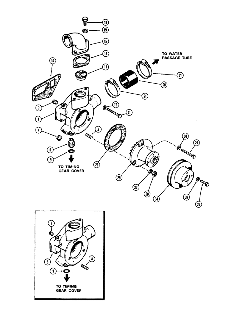 Схема запчастей Case IH 1700-SERIES - (053A) - WATER PUMP AND THERMOSTAT, 188 DIESEL ENGINE, 1ST USED ENGINE SERIAL NO. 2728315 (10) - ENGINE