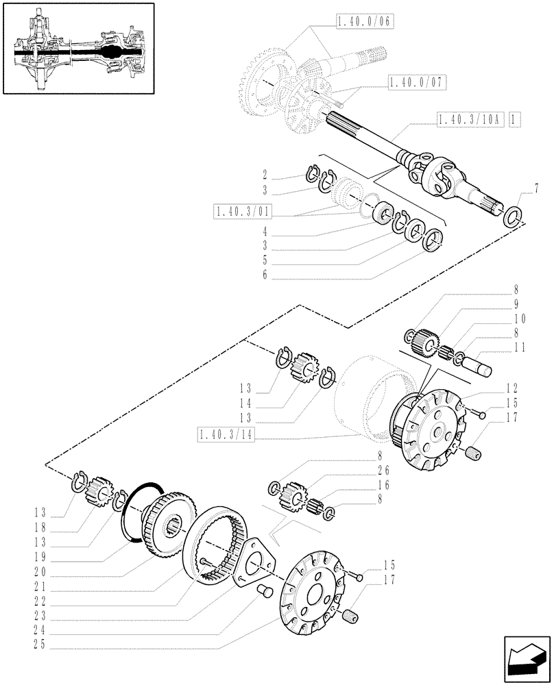 Схема запчастей Case IH MXU100 - (1.40.3/10[01]) - (VAR.309) 4WD FRONT AXLE WITH BRAKES AND "TERRALOCK" - GEARS AND DIFFERENTIAL SHAFT - C5025 (04) - FRONT AXLE & STEERING