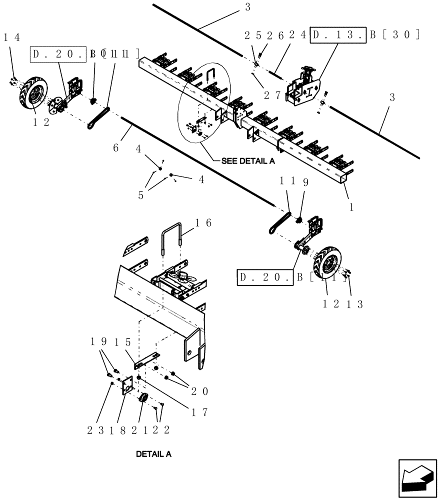 Схема запчастей Case IH 1200 - (D.13.B[07]) - DRIVE SYSTEM - 8R RIGID MOUNTED AND RIGID TRAILING, 6R, 3 SHAFT TRANSMISSION (ASN CBJ0001597) D - Travel