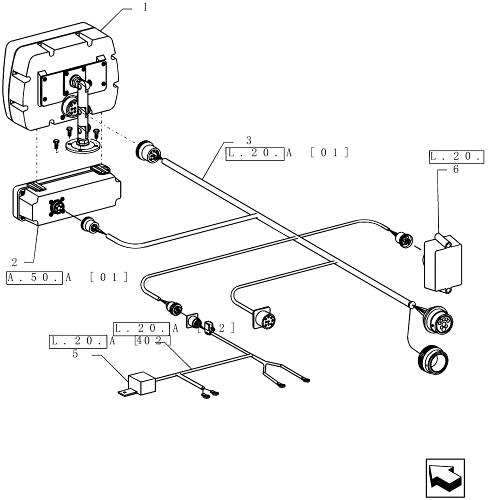Схема запчастей Case IH SRX100 - (A[03]) - LAYOUT ELECTRICAL - 4 LINE MONITOR , CONSOLE SWITCH UNIT AND TRACTOR HARNESS A - Distribution Systems