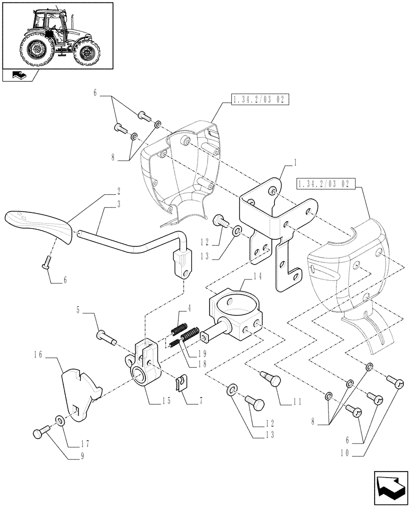 Схема запчастей Case IH FARMALL 80 - (1.34.2/03[01]) - POWER SHUTTLE E SERVO PTO FOR DIFF LOCK - REVERSER CONTROL (VAR.330120-331120) (04) - FRONT AXLE & STEERING