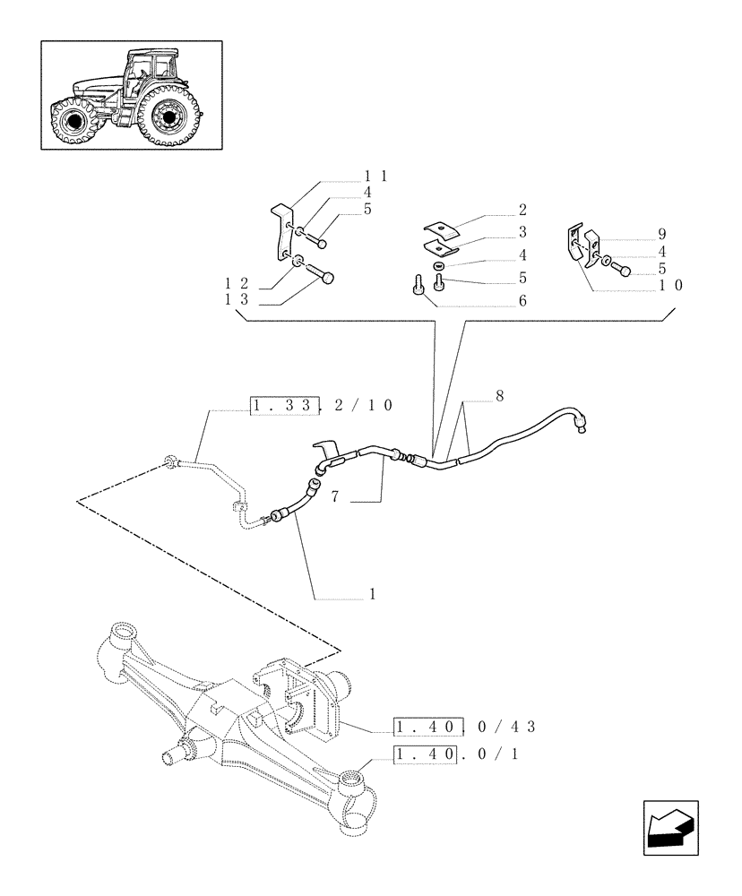 Схема запчастей Case IH JX80U - (1.33.2/08[03]) - (VAR.275-279) POWER SHUTTLE - HI-LO - 30-40 KMH - HYDR. PTO - FRONT DIFFERENTIAL LOCK PIPES (04) - FRONT AXLE & STEERING