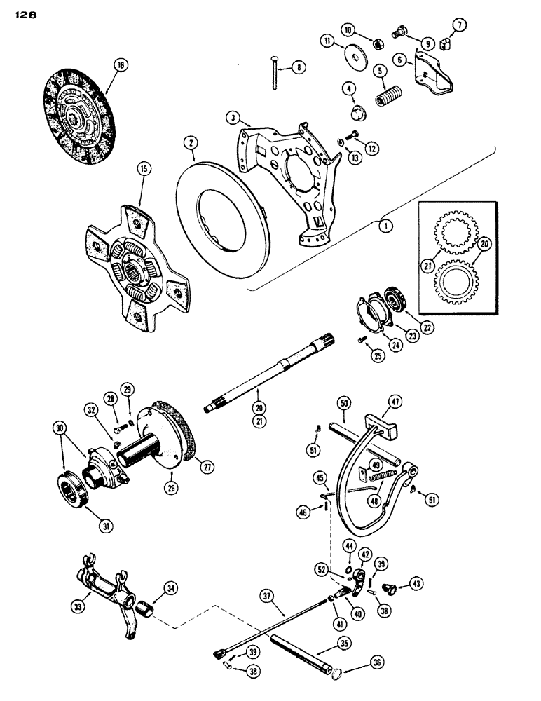 Схема запчастей Case IH 430 - (128) - CLUTCH ASSEMBLY AND LINKAGE, STANDARD CLUTCH DRIVE (06) - POWER TRAIN