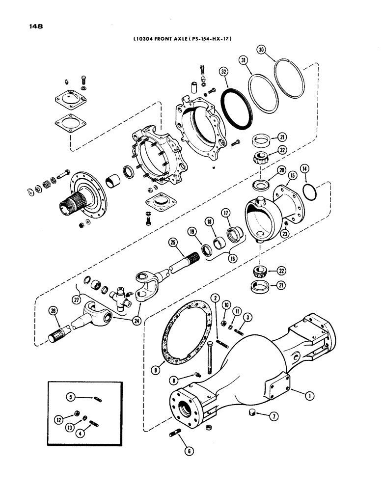 Схема запчастей Case IH 1200 - (148) - L10304 FRONT AXLE HOUSING AND KNUCKLE, 19.03 RATIO WITH CARDON JOINT (06) - POWER TRAIN