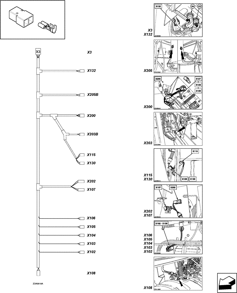 Схема запчастей Case IH LBX331P - (06.53[01]) - CONNECTORS, X3 WIRING LOOM - D258 (06) - ELECTRICAL SYSTEMS