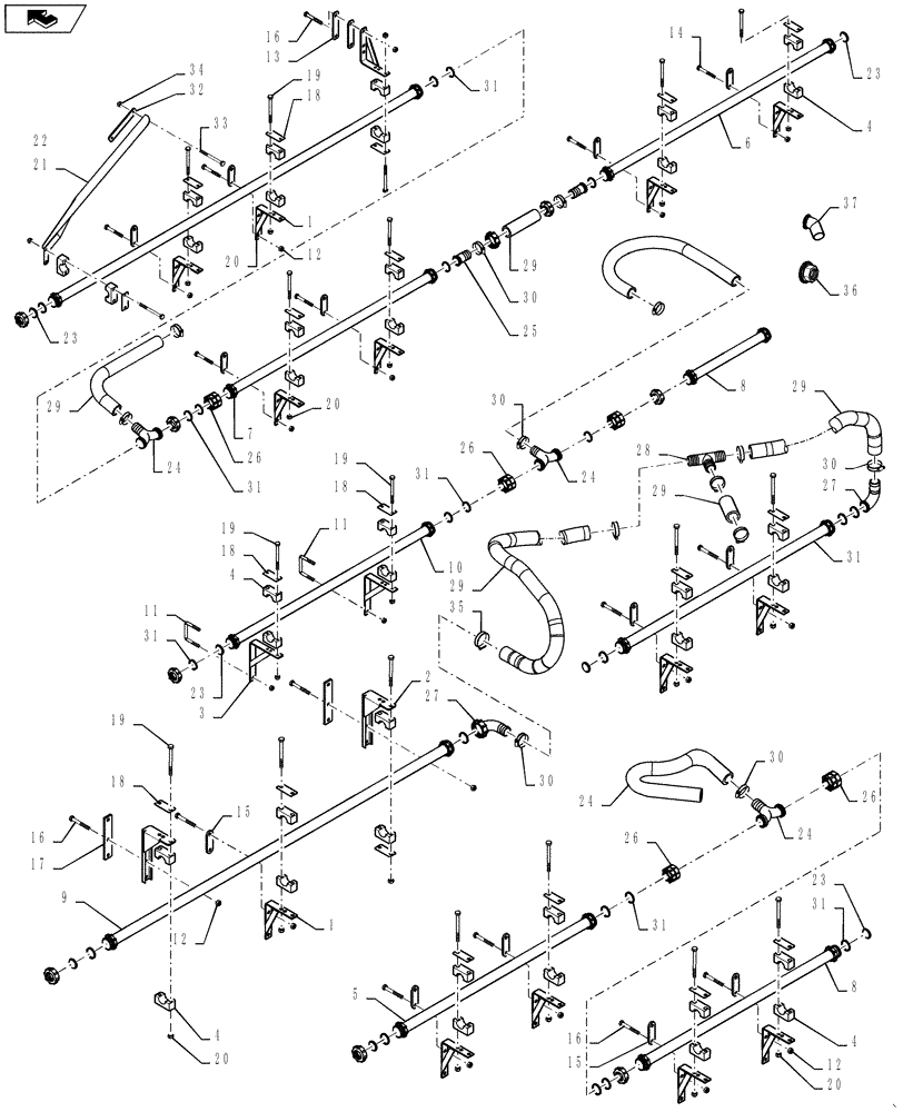 Схема запчастей Case IH 4420 - (09-043) - SPRAYBAR PLUMBING, TWS, 7 SECTION, 20"/ 30", 120’ BOOM Liquid Plumbing
