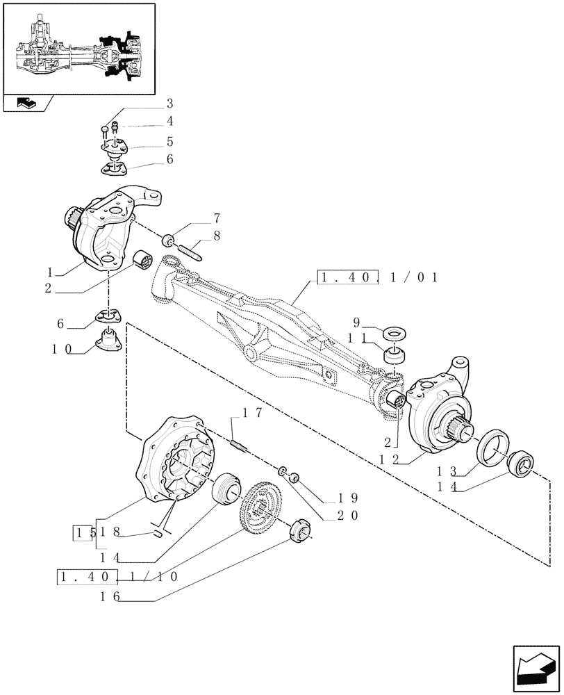 Схема запчастей Case IH FARMALL 95U - (1.40.1/02) - FRONT AXLE WITH DIFFERENTIAL LOCK - STEERING KNUCKLE AND HUBS (VAR.330308) (04) - FRONT AXLE & STEERING