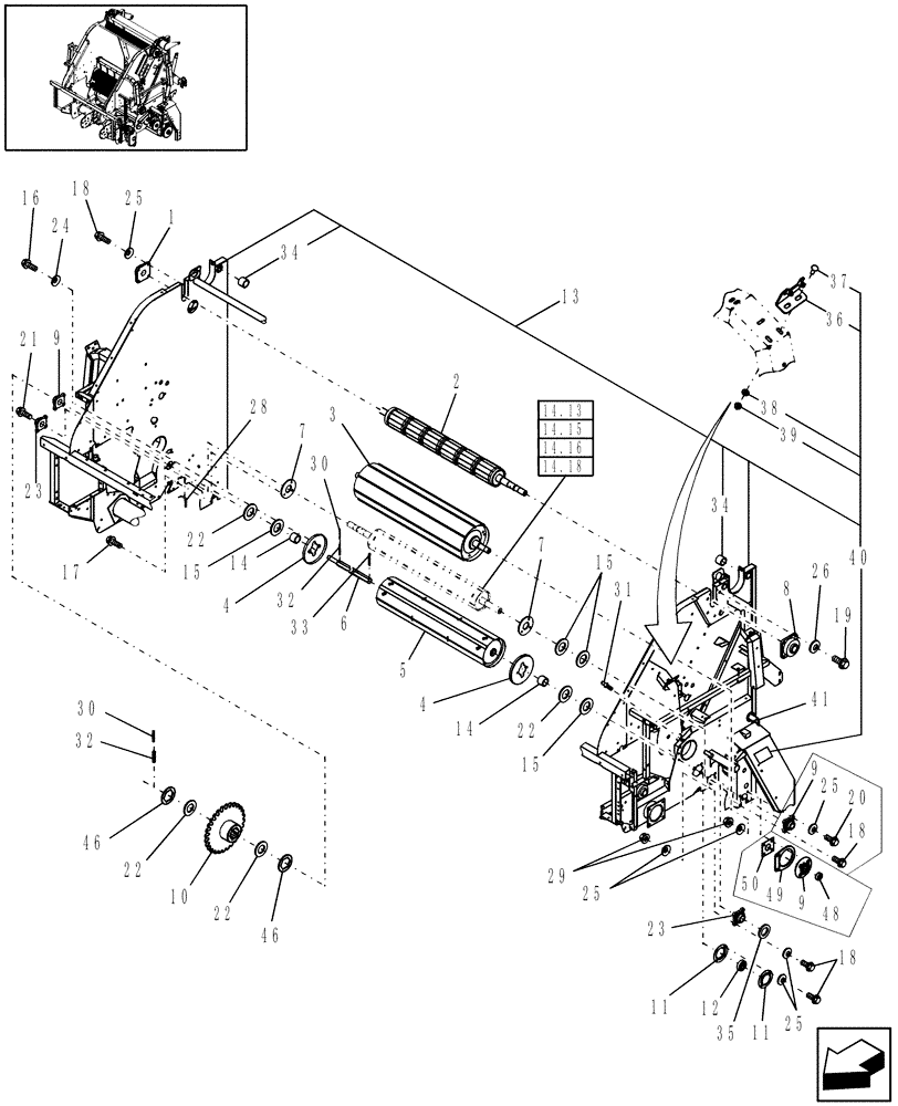 Схема запчастей Case IH RBX463 - (14.11[2]) - MAIN FRAME & ROLLS, STUFFER FEEDER (14) - BALE CHAMBER