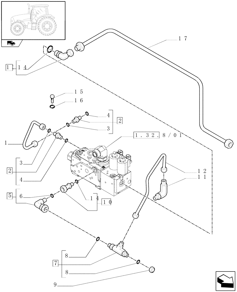 Схема запчастей Case IH PUMA 165 - (1.82.1/02[01]) - (VAR.080-084-212-463) FRONT AXLE WITH ACTIVE SUSPENSIONS - LIFTER LINES (07) - HYDRAULIC SYSTEM