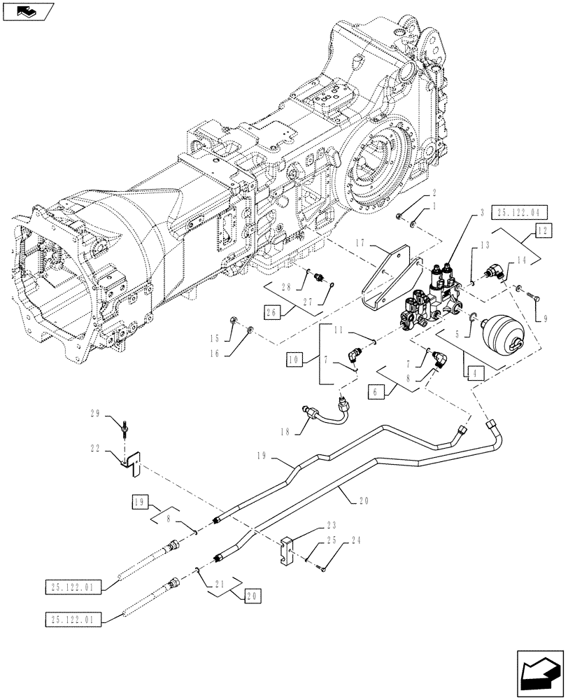 Схема запчастей Case IH PUMA 145 - (25.122.02) - VAR - 330414, 330427, 330429, 330430 - SUSPENDED FRONT AXLE - SUSPENSION CONTROL VALVE & LINES (25) - FRONT AXLE SYSTEM